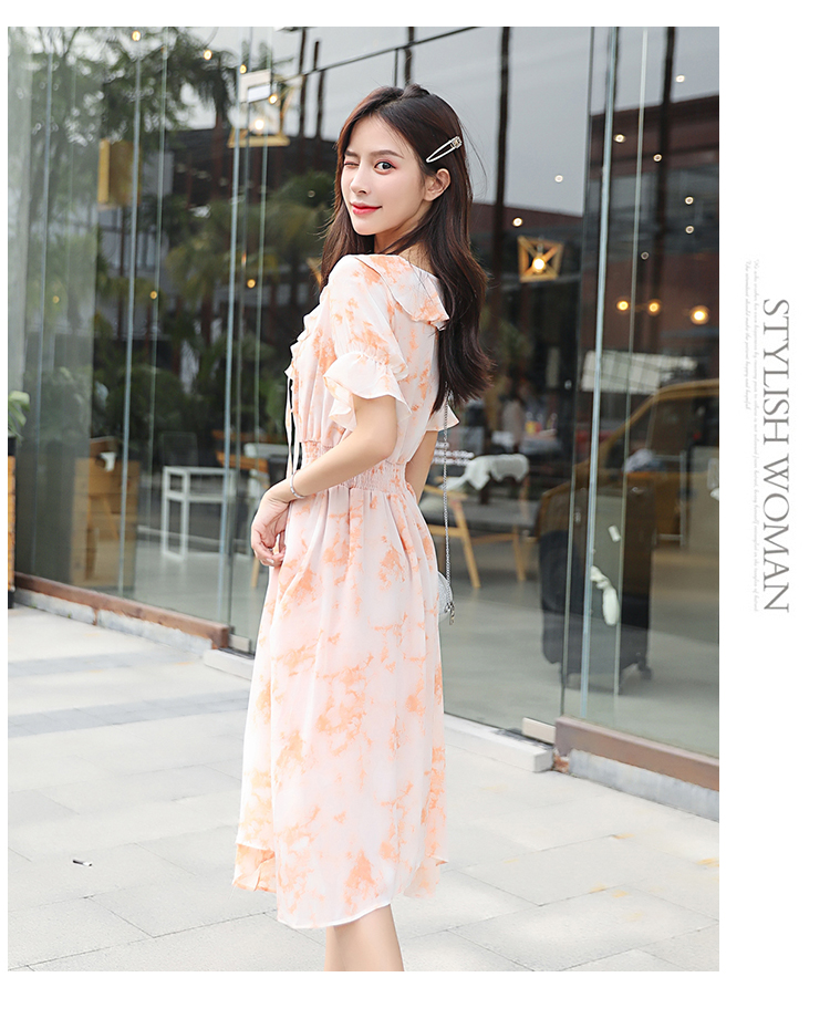 VK旗艦店 韓系雪紡露肩扎染墨染氣質荷葉邊短袖洋裝