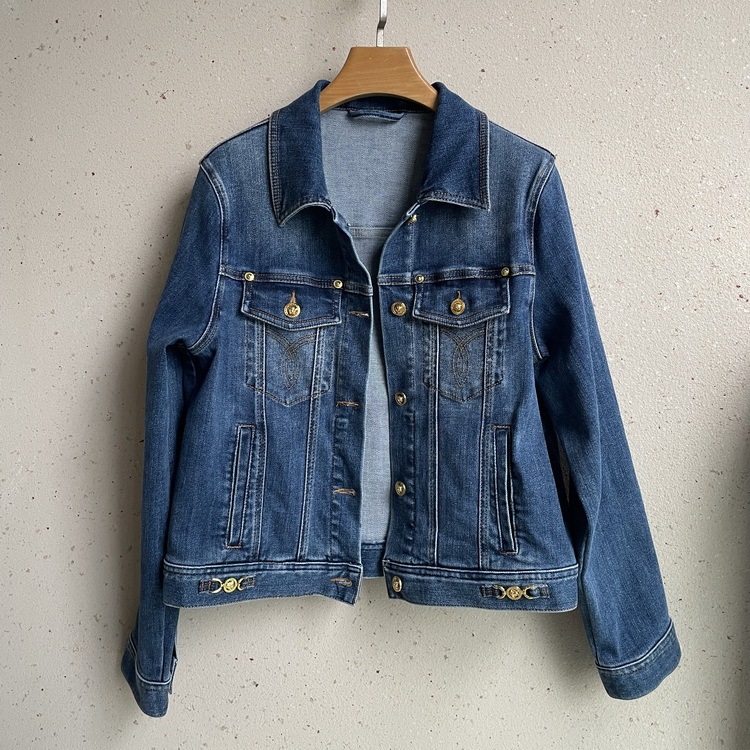 Level Hot Item Stretch Cotton Blue Long-Sleeve Turn-Down Collar Denim Jacket, Super Versatile, Height-Enhancing, Short Style, Gold Buckle Casual Cardigan