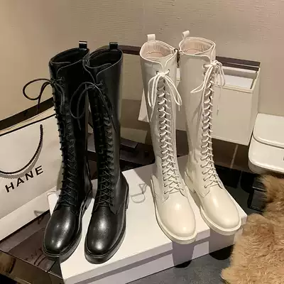 Long boots women do not knee 2021 autumn and winter New thin tall riding boots lace-up leather white mid-heel Martin boots