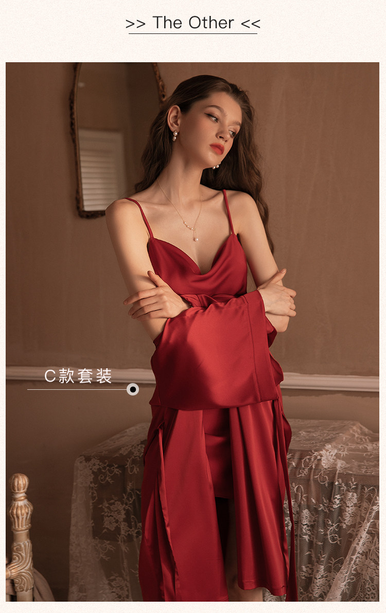 今夕何夕性感吊带睡衣女春秋款真丝本命年红色结婚睡裙睡袍套装夏详情22