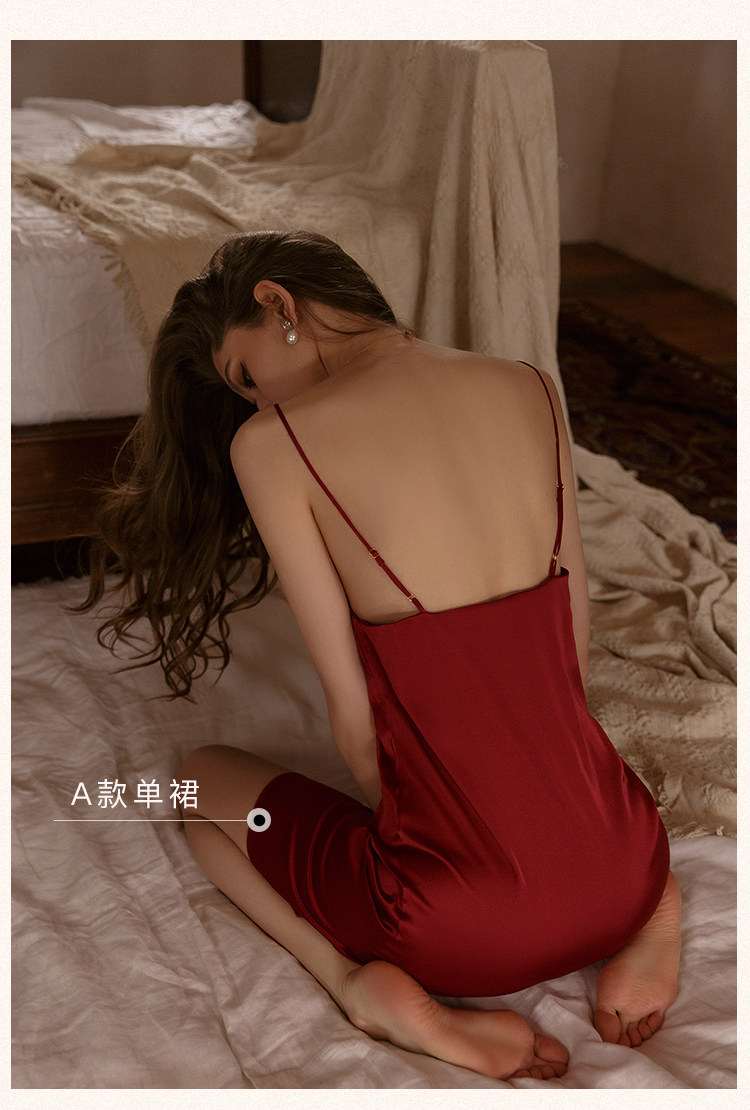 今夕何夕性感吊带睡衣女春秋款真丝本命年红色结婚睡裙睡袍套装夏详情14