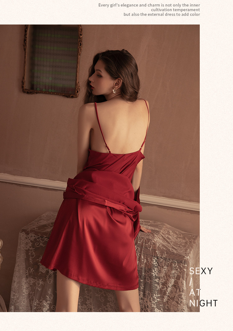 今夕何夕性感吊带睡衣女春秋款真丝本命年红色结婚睡裙睡袍套装夏详情23