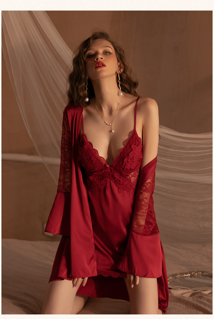 今夕何夕性感吊带睡衣女春秋款真丝本命年红色结婚睡裙睡袍套装夏详情35