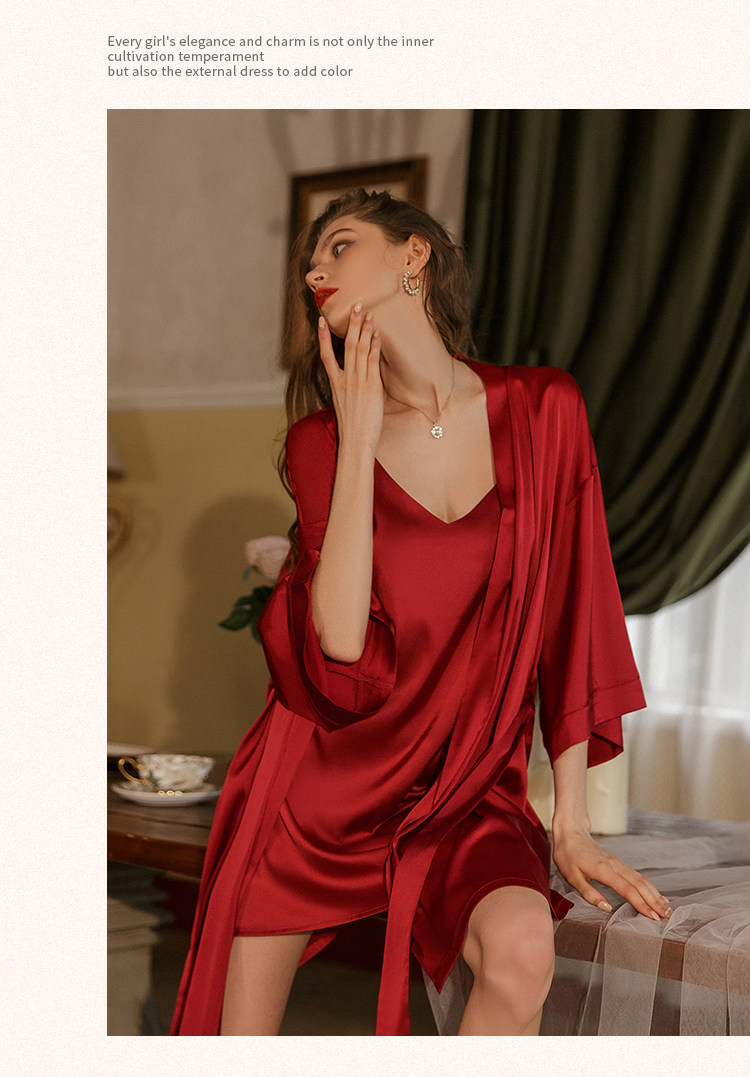 今夕何夕性感吊带睡衣女春秋款真丝本命年红色结婚睡裙睡袍套装夏详情12