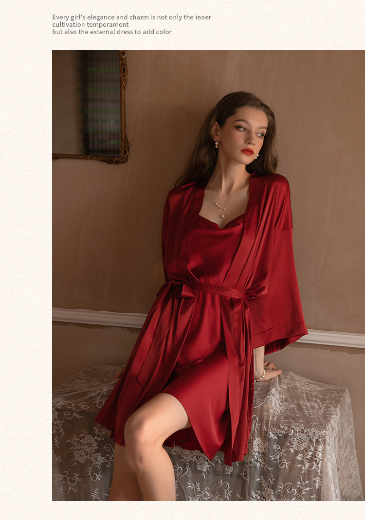 今夕何夕性感吊带睡衣女春秋款真丝本命年红色结婚睡裙睡袍套装夏详情25