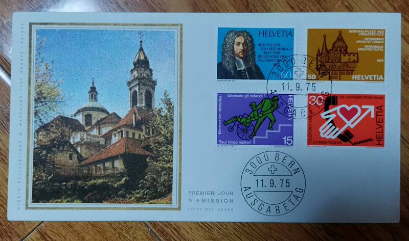 Switzerland 1975 Bern Post Office, European Heritage Year, Helping Hands, Relief Silk First Day Cover Switzerland 1975 Bern Post Office, European Heritage Year, Helping Hands, Relief Silk First Day Cover