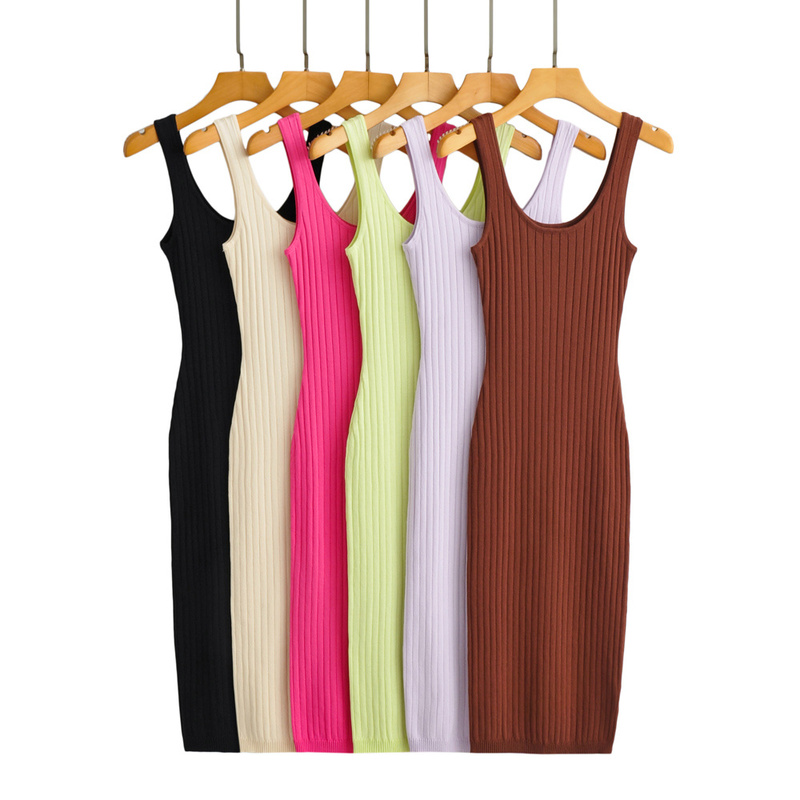 Summer New Solid Color Knitted Stretchy Tank Top Bodycon Skirt Women's Double Round Neck Ribbed Pencil Skirt Mid-Length Dress