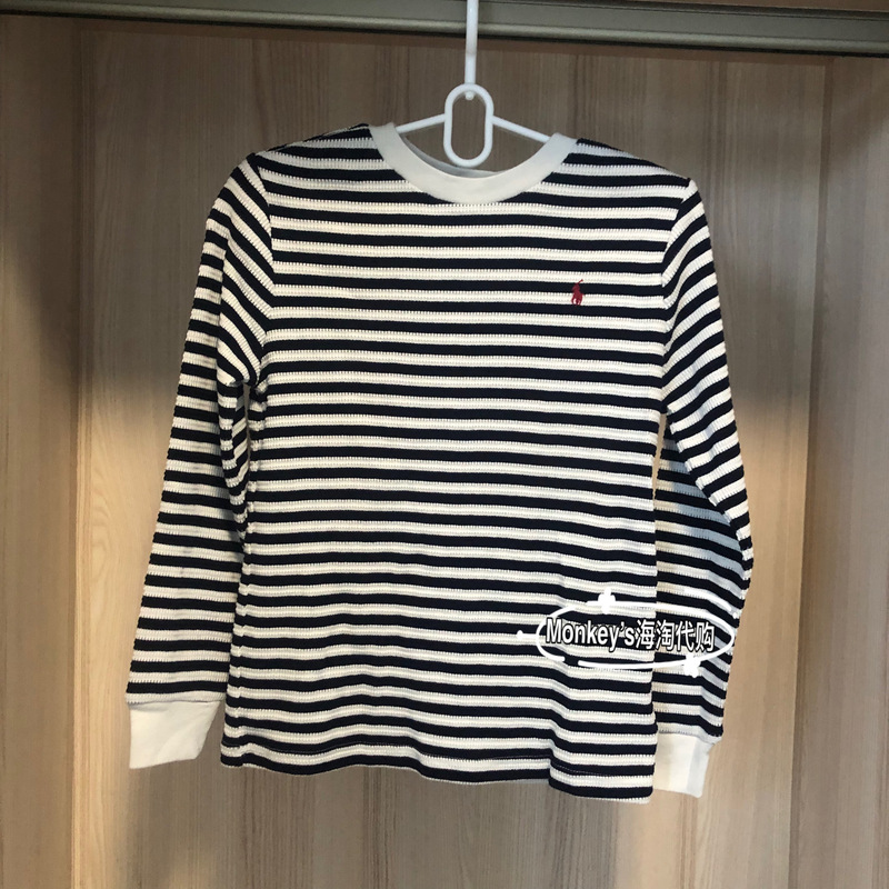 [Special Clearance Price in China] Rl Ralph Boys' Waffle Fabric Black and White Striped Long-Sleeved T-Shirt