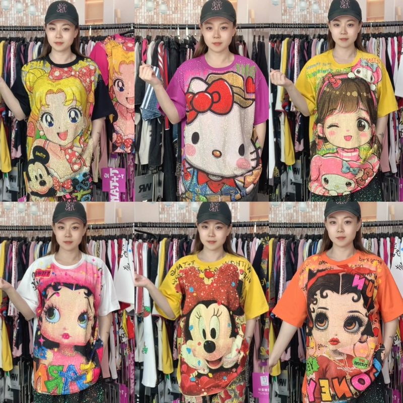 T+Tang Candy-Colored Short-Sleeve T-Shirt Series European Trendy Brand New Heavy-Duty Fashion Cartoon Youthful Loose Oversized Women's Style