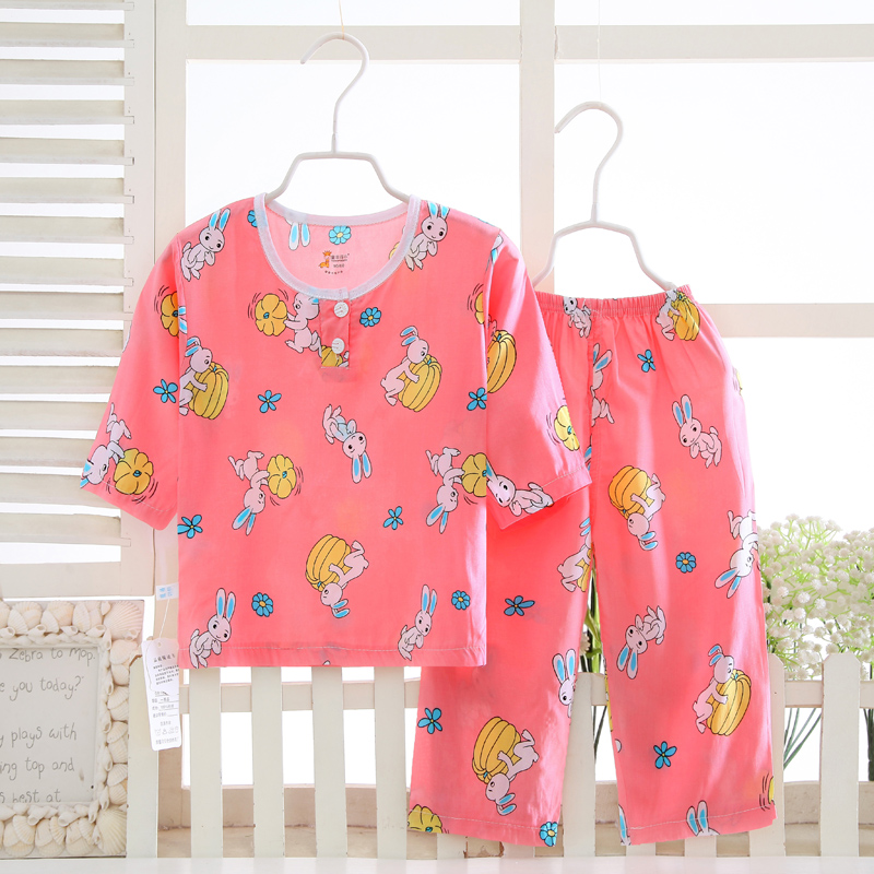 Mùa hè mới trẻ em cotton phù hợp với chàng trai và cô gái bông lụa dịch vụ nhà trẻ em lớn đồ ngủ cotton nhân tạo quần áo trẻ em áo liền quần cho bé