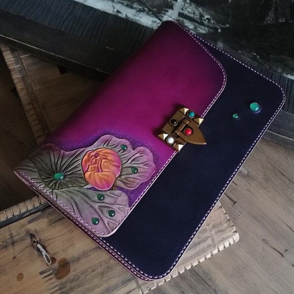 Hand-made head skin carving color Lotus inlaid with green-agong female handbag bag wallet