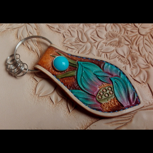 Handmade leather key keychain paperback painted blue lotus keychain buckle