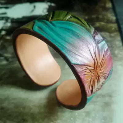 Handmade leather clothing jewelry custom leather carving painted blue lotus inlaid turquoise women's bracelet