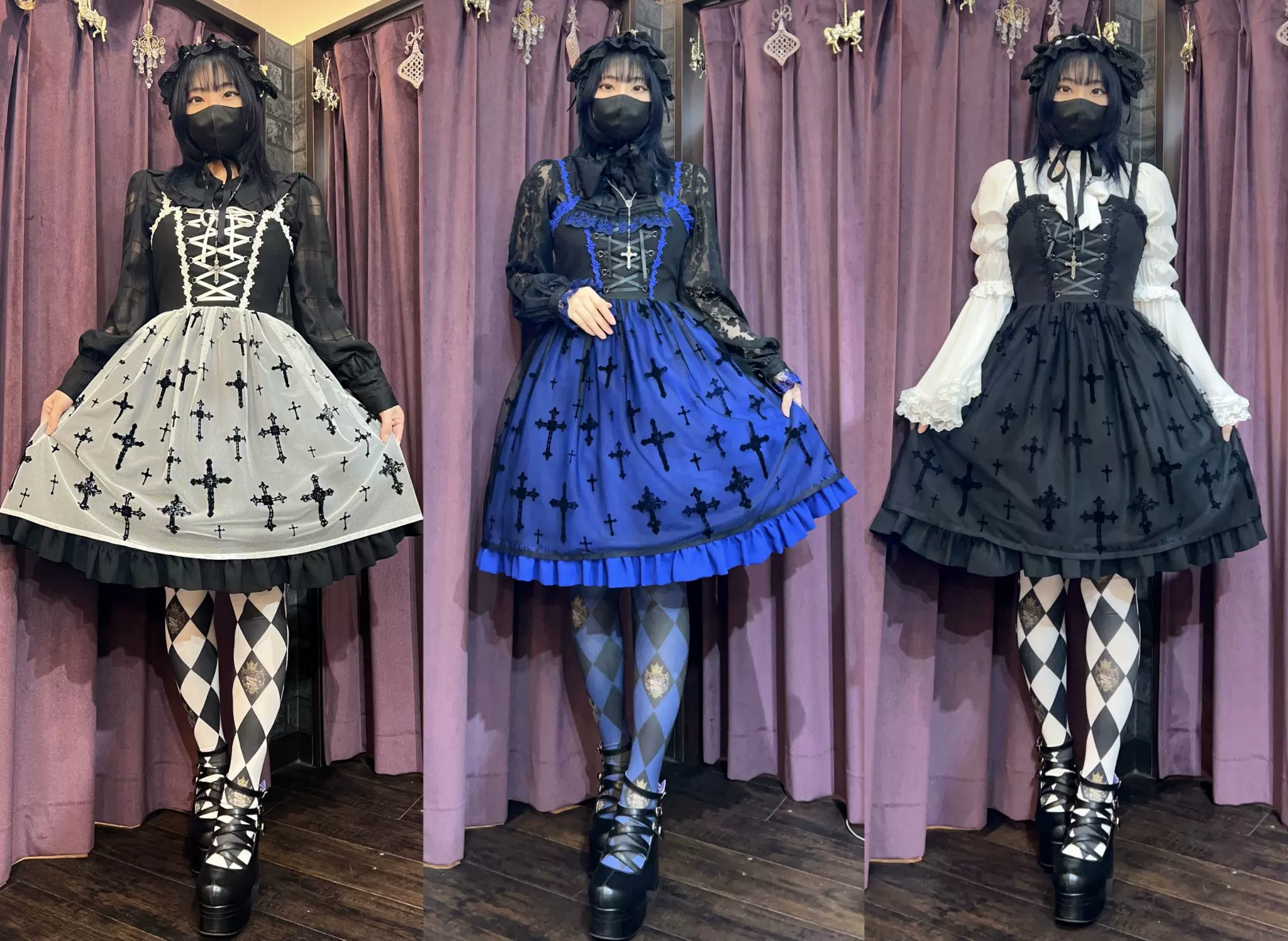 JSK (Moi-meme-Moitie) бархатное готическое lolita платье, крестовый принт, размер 9 — замеры