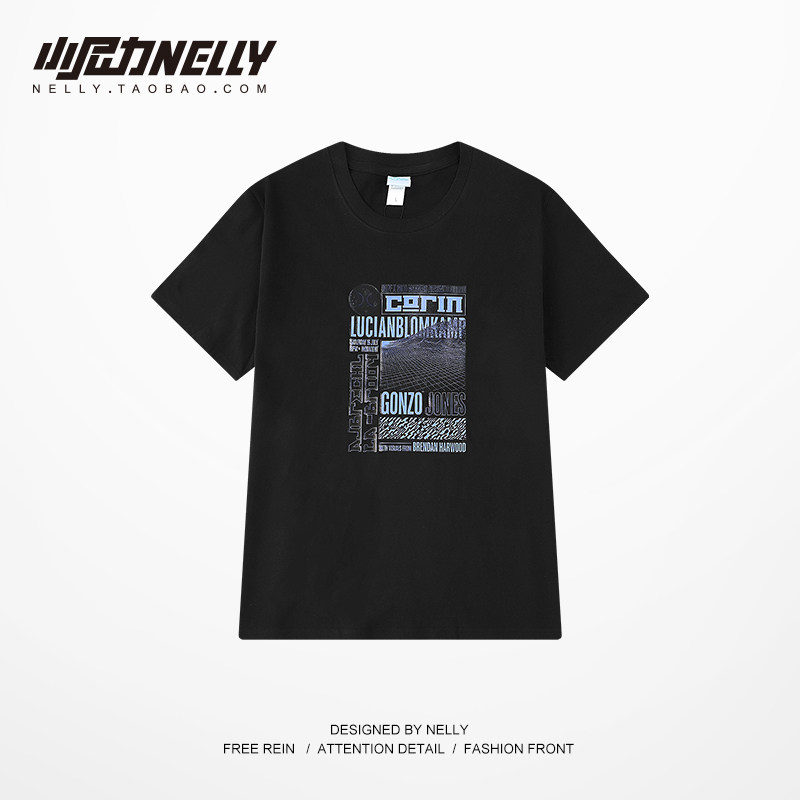 2022 Summer Black T-shirt male and female loose half sleeve printed bf Wind student round collar blouse half sleeve T-shirt