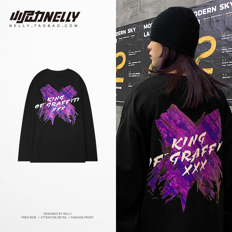 Ins national tide letters graffiti bottoming T-shirt tide brand men and women hip-hop splash ink loose casual top long-sleeved T-shirt