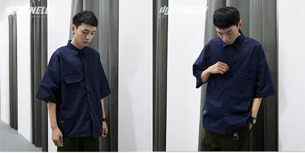 Homemade xu hướng Hồng Kông bỏ túi áo sơ mi tay ngắn Nhật Bản dụng cụ lỏng lẻo áo sơ mi ngắn tay giản dị tay áo nửa điểm tay áo - Áo sơ mi tay ngắn