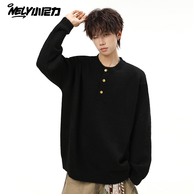 American Retro Metal Buckle Henry Collar Sweater for Men, New Autumn Style, Loose Casual Black Knit Top American Retro Metal Buckle Henry Collar Sweater for Men, New Autumn Style, Loose Casual Black Knit Top