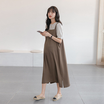 Japanese pregnant women summer dress suit new fashion Western style large size loose thin long suspender Chiffon skirt
