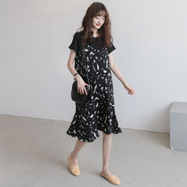 Japanese pregnant woman summer dress outside wearing fake two pieces of chiffon skirt fashion temperament floral small fresh maternity dress