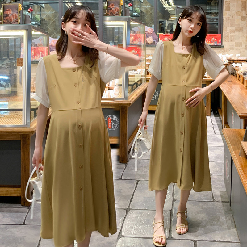 Japanese high-end pregnant women summer dress temperament Chiffon long dress fashion age reduction pregnant belly pregnant women's top tide