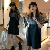 Japanese pregnant women summer dress fashion net red suit Short-sleeved top loose large size pregnant woman strap skirt tide