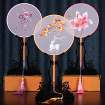  Ancient style translucent embroidered group fan Su embroidered Hanfu fan Female Chinese style classical dance cheongsam round fan extended handle