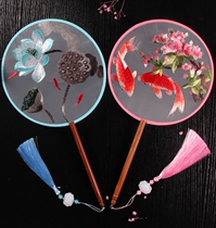  Ancient style double-sided embroidered group fan Chinese style ladies cheongsam palace fan embroidery fan Hanfu dance childrens round fan Summer