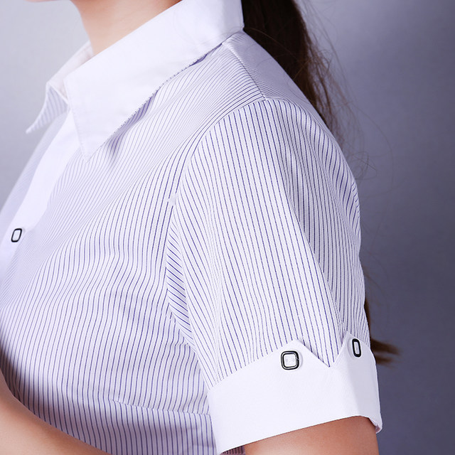 Summer new short-sleeved shirt for women's business wear blue striped non-iron half-sleeved shirt workwear office long-sleeved horseshoe sleeves