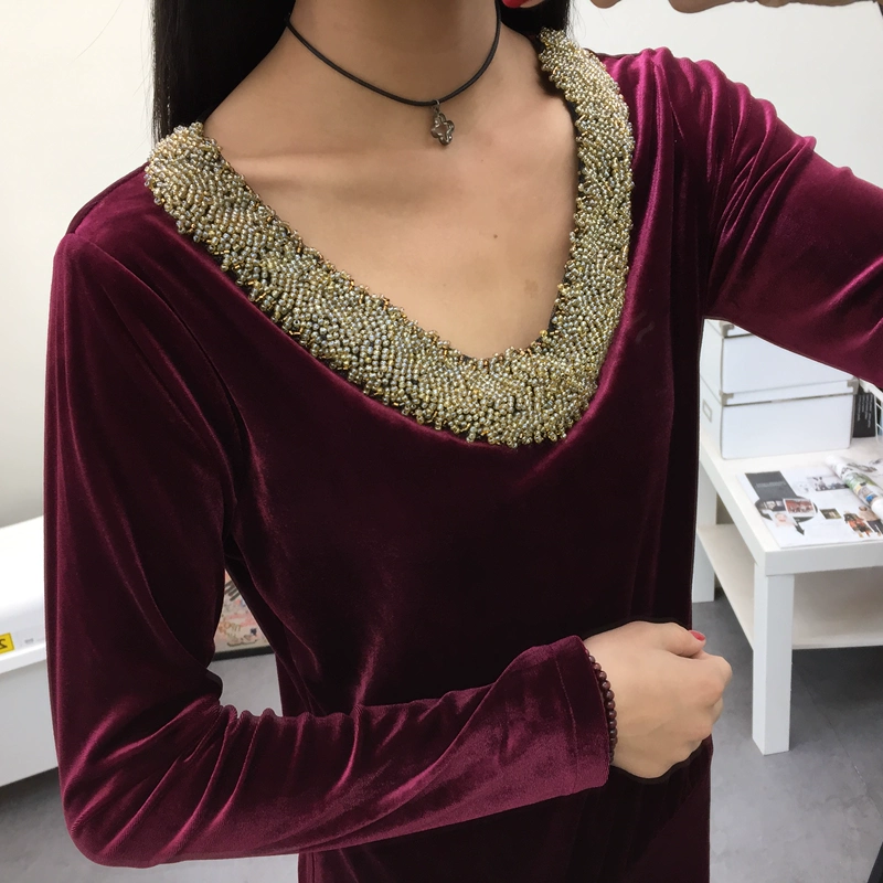 2018 mới mùa xuân và mùa thu retro nhung khâu V-Cổ phần dài eo pocket hip dress slim dưới váy