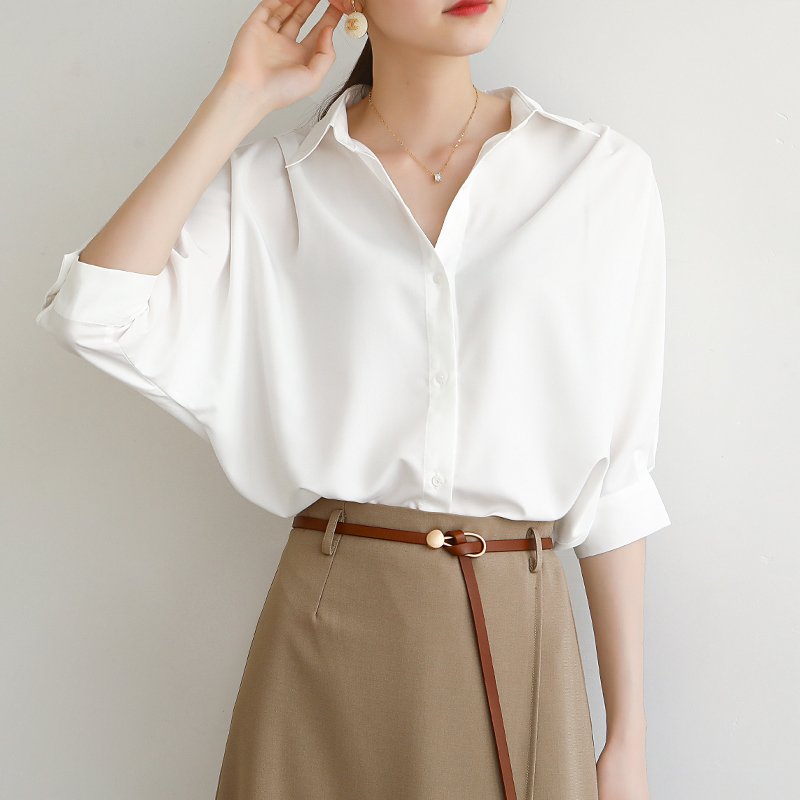 White Shirt for Women, Summer, Casual, Loose Fit, Commuting, Lantern Sleeves, Cool, Light Luxury, Versatile, Wrinkle-Resistant, Mid-Sleeve White Shirt