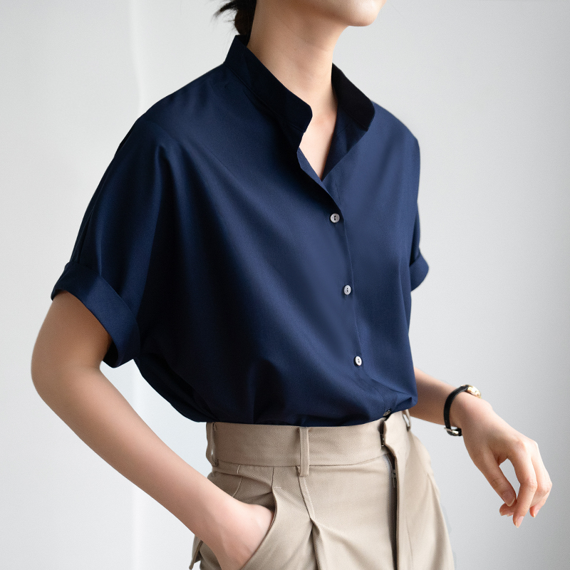 Designed Stand-Up Collar Dark Blue Shirt for Women, Versatile Casual Loose Solid Color Simple Light Luxury Wrinkle-Resistant Short-Sleeved Shirt for Summer