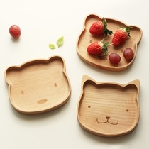 Japanese-style solid wood log color childrens cartoon animal bear kitten dinner plate rice bowl heart fruit plate tray