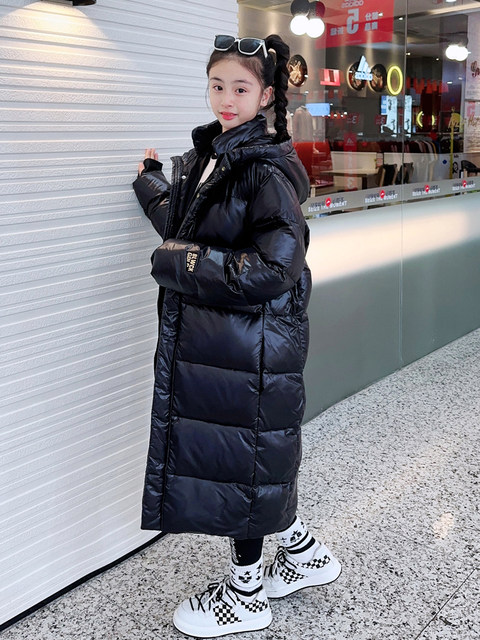 Children's long down jacket for girls and boys, over the knee, no-wash, black gold, Northeastern extreme cold, super thickened, for girls, junior high school students