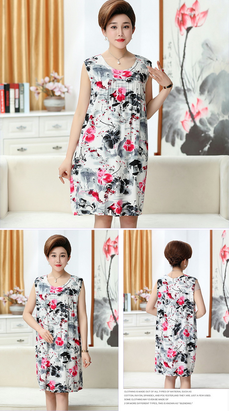Mùa hè lớn kích thước của phụ nữ nightdress phụ nữ trung niên bông lụa hoa váy mẹ váy không tay cộng với chất béo hoa váy thời trang tuổi trung niên u50