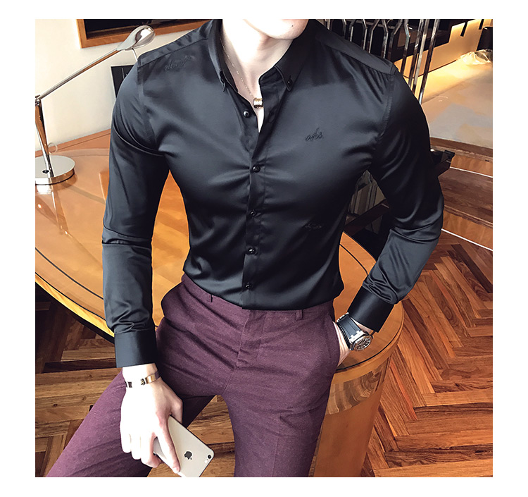 Cộng với áo nhung thêu mặt sáng, áo thun co giãn không co giãn, áo dài tay xu hướng satin màu trắng cotton không thấm nước nam các kiểu áo công sở de thương