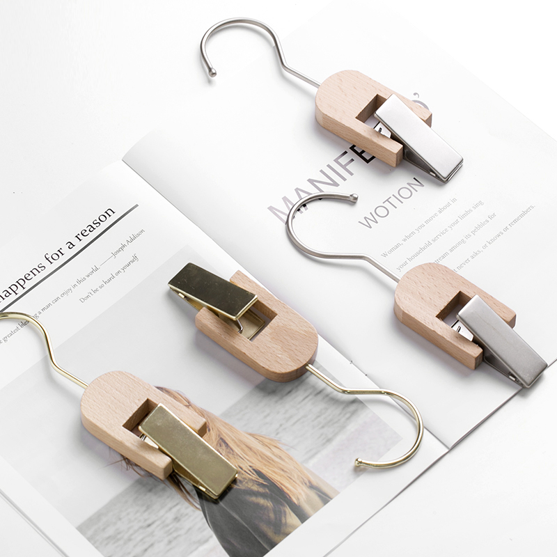 Clothing store solid wood hangers multifunctional metal single clip hat clip pants clip log seamless anti-slip clothing rack customization