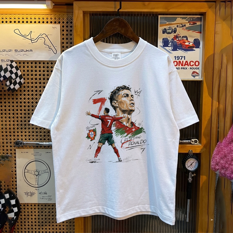 Cristiano Ronaldo No. 7 Fan Hand-Painted T-Shirt Men's Short-Sleeved American-Style Half-Sleeve Summer 100% Pure Cotton Loose Casual Sports Top