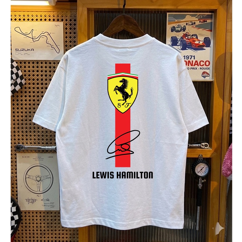 F1 Ferrari Hamilton Signature Short-Sleeved T-Shirt Heavyweight Pure Cotton Loose Fit Racing Fan Trendy Casual Top