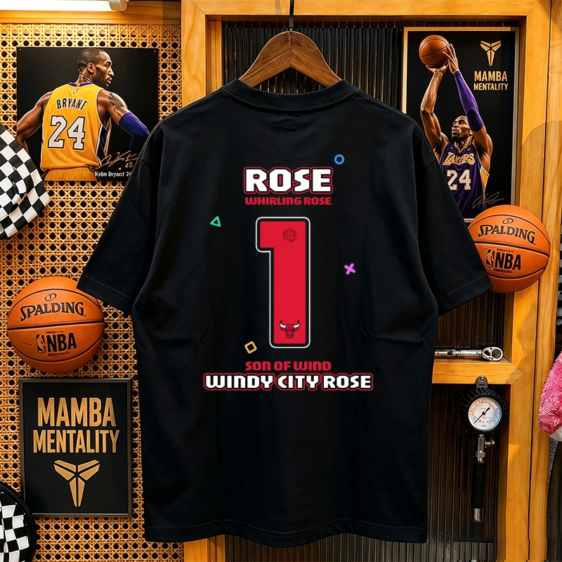 Bulls Windy City Rose No. 1 Short-Sleeved Men's T-Shirt Summer American Loose Basketball Rose Fan Sports Top Bulls Windy City Rose No. 1 Short-Sleeved Men's T-Shirt Summer American Loose Basketball Rose Fan Sports Top