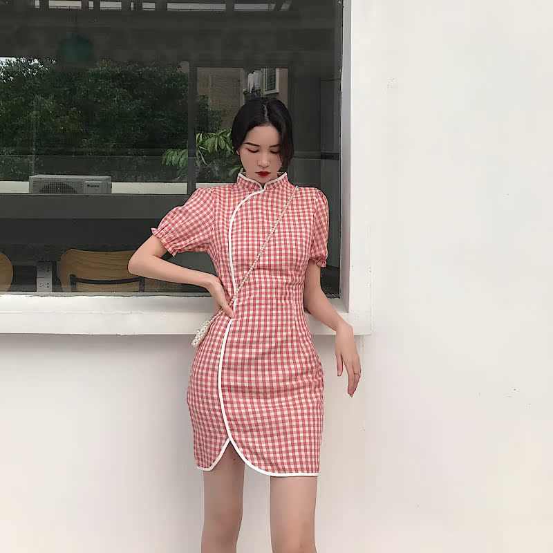 VK旗艦店 韓國風名媛文藝泡泡袖格紋改良旗袍短袖洋裝
