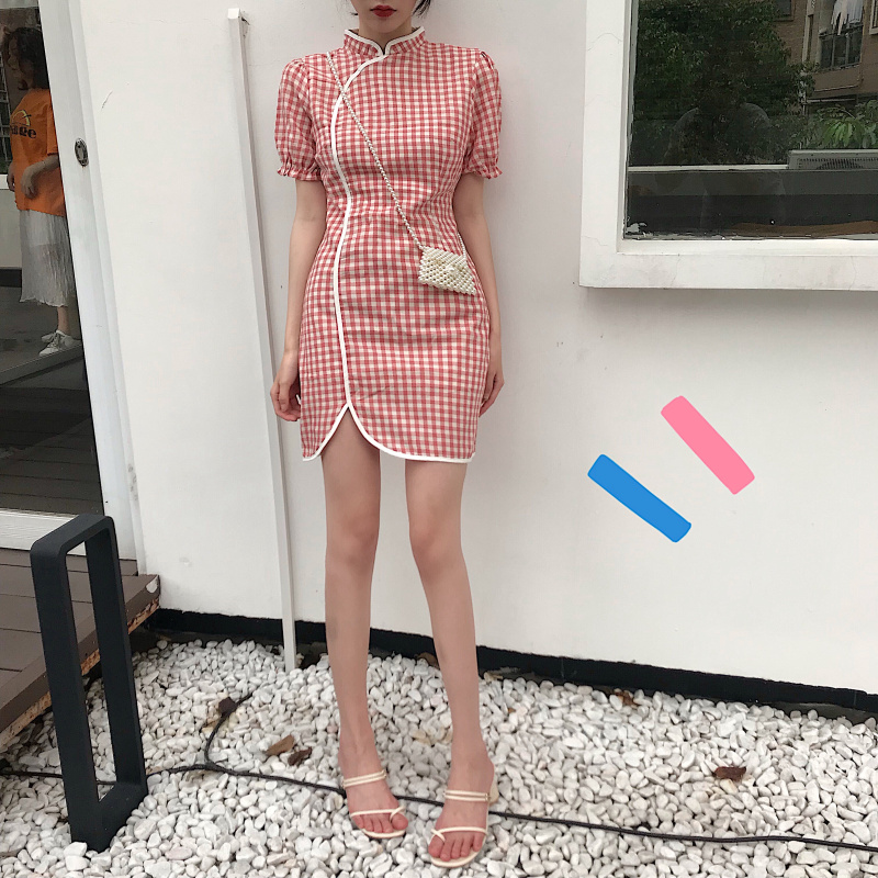 VK旗艦店 韓國風名媛文藝泡泡袖格紋改良旗袍短袖洋裝