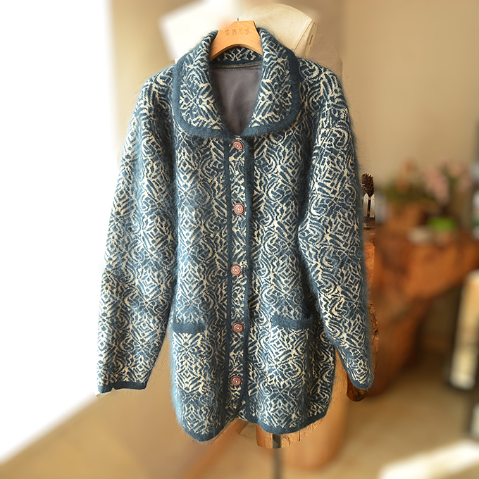 Heavyweight Angora Long Rabbit Fur Green Thickened Autumn and Winter Mid-Length Retro Loose Casual Sweater Coat