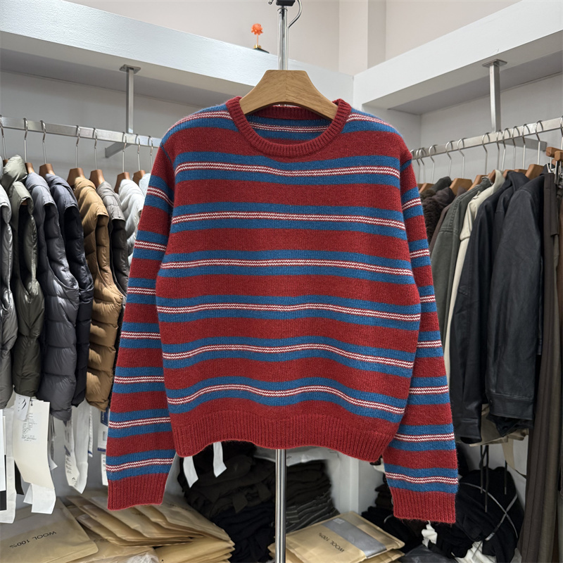 66230 Genuine 2026 Autumn/Winter New Round Neck Loose Slimming Striped Color-Block Merino Wool Knitted Sweater for Women 66230 Genuine 2026 Autumn/Winter New Round Neck Loose Slimming Striped Color-Block Merino Wool Knitted Sweater for Women