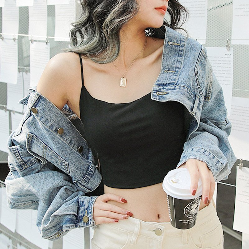 Navel camisole women's adjustable thin shoulder straps high waist chest pad sexy outer wear black ins tide cotton inner top x