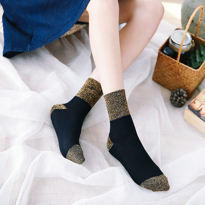 Silver Onion Bubble Socks Women's Medium Tube Japanese Splicing Retro Korean New Product Personality Breathable Gold and Silver Bright Silk Wind Women's Socks