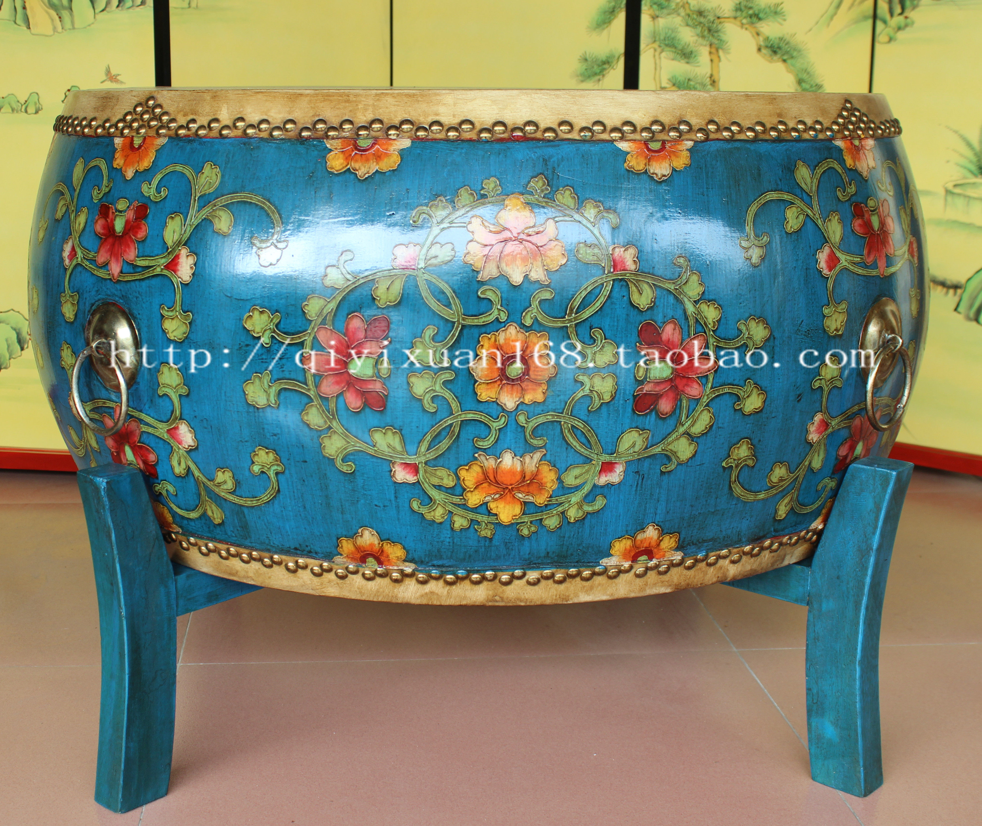 New classical furniture painted living room drum coffee table solid wood cowhide hand-painted tea table antique tea table old drum