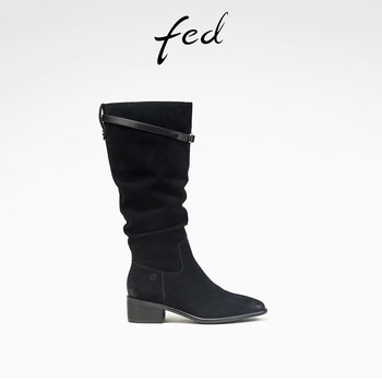 Fed high mercerized suede autumn and winter women's shoes retro genuine leather thick heel boots women's high boots pleated knight boots women