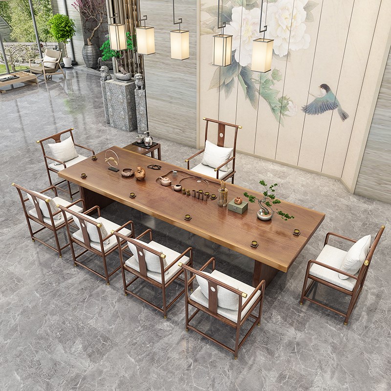 Large board solid wood tea table new Chinese hotel office reception tea table 3 meters 8 large tea table Zen tea table and chair combination