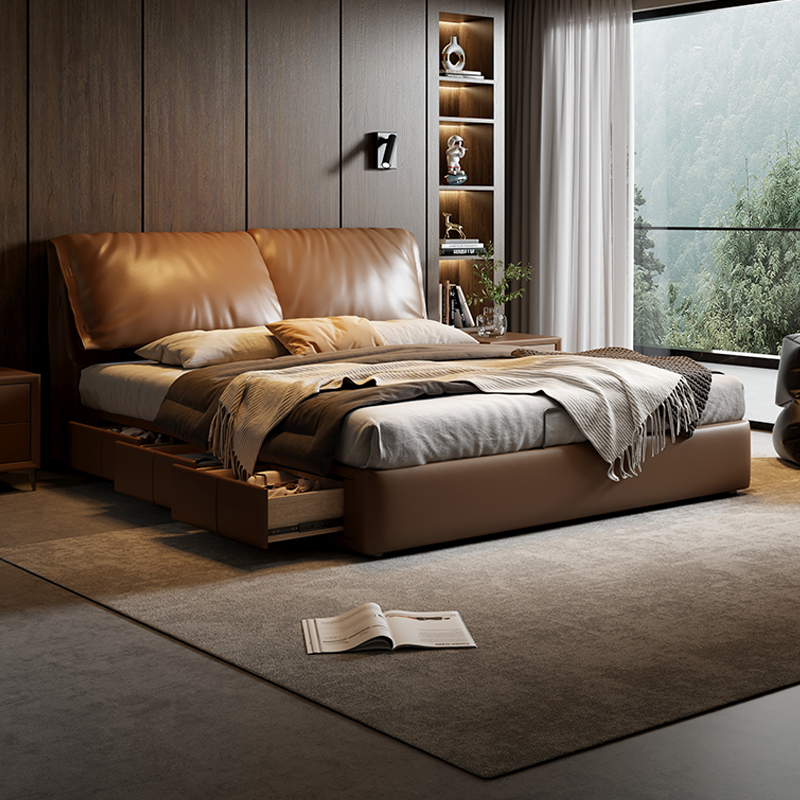 Elephant Ear Bed Modern Light Luxury High-End Genuine Leather Floor Storage Bed 2m X 2.2m Luxurious Master Bedroom King Bed